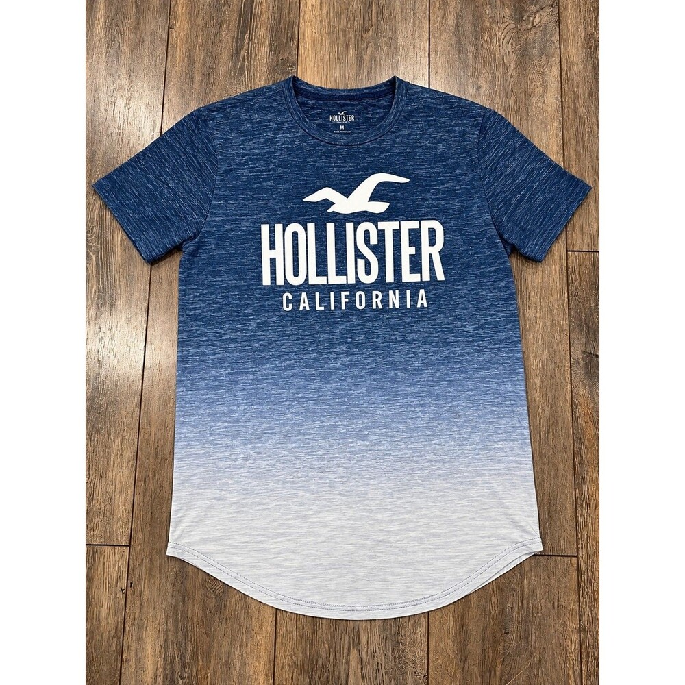 Hollister California Men's M Blue Gray Ombre Curved Hem Logo Graphic T-Shirt